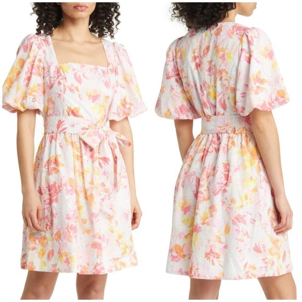 New Eliza J Floral Eyelet Square Neck Short Puff Sleeve Mini Fit Flare Dress 8